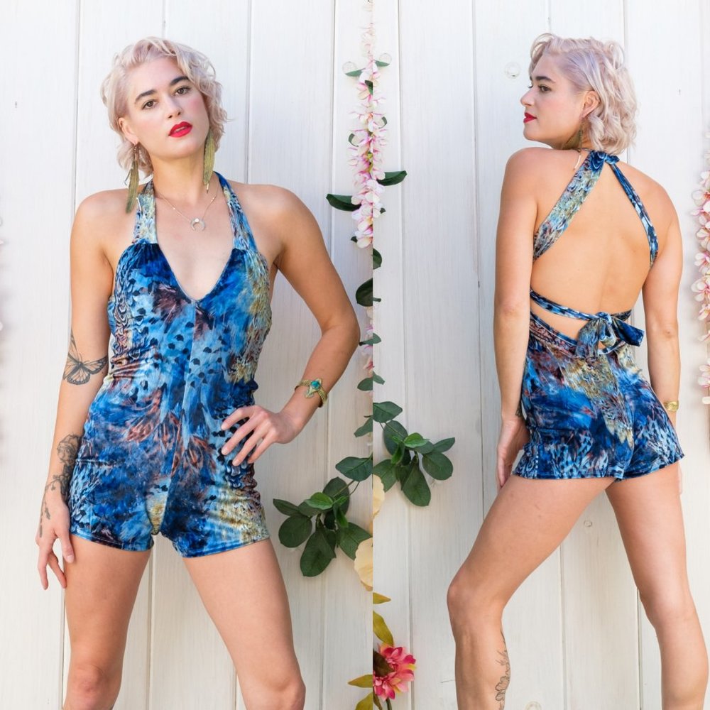 Feather Velvet Halter Romper - Velvet Halter Jumpsuit - Warrior Within Designs